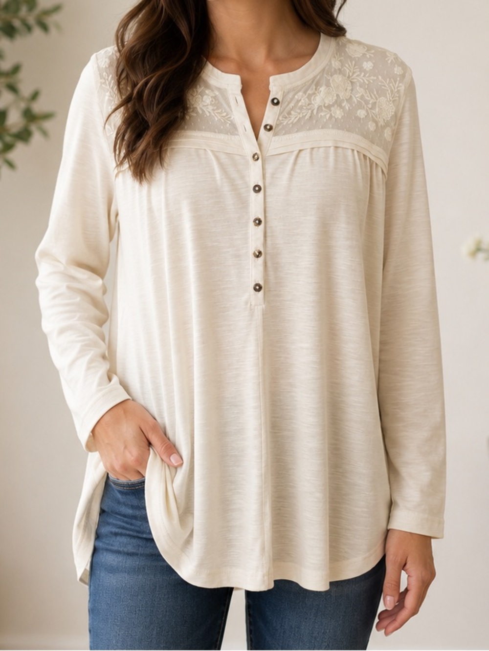 In Loom Top Cream Ivory Floral Lace Yoke Henley Small Boho Embroidered casual